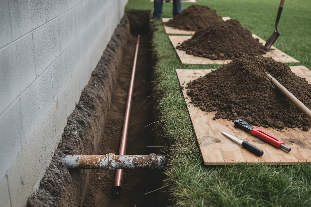 Excavated water line trench during Water Softener Installation in Deer Trail